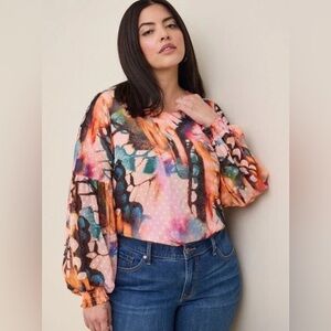 Torrid 1X Peasant Butterfly Top Colorful Textured Dots Long Balloon Sleeve Abstr
